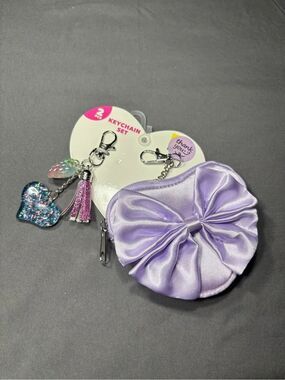 2 pc New Lavender Bow Coin Purse with Charm Keychain Set
